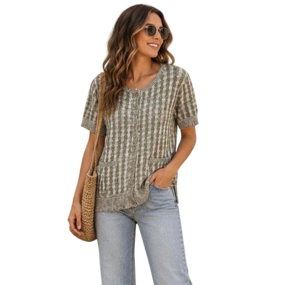 ANTHROPOLOGIE PILCRO Women’s Green Printed Front Pocket Knit Top